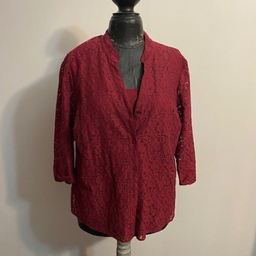 Elementz Burgundy lace button down top with camisole, size 1X